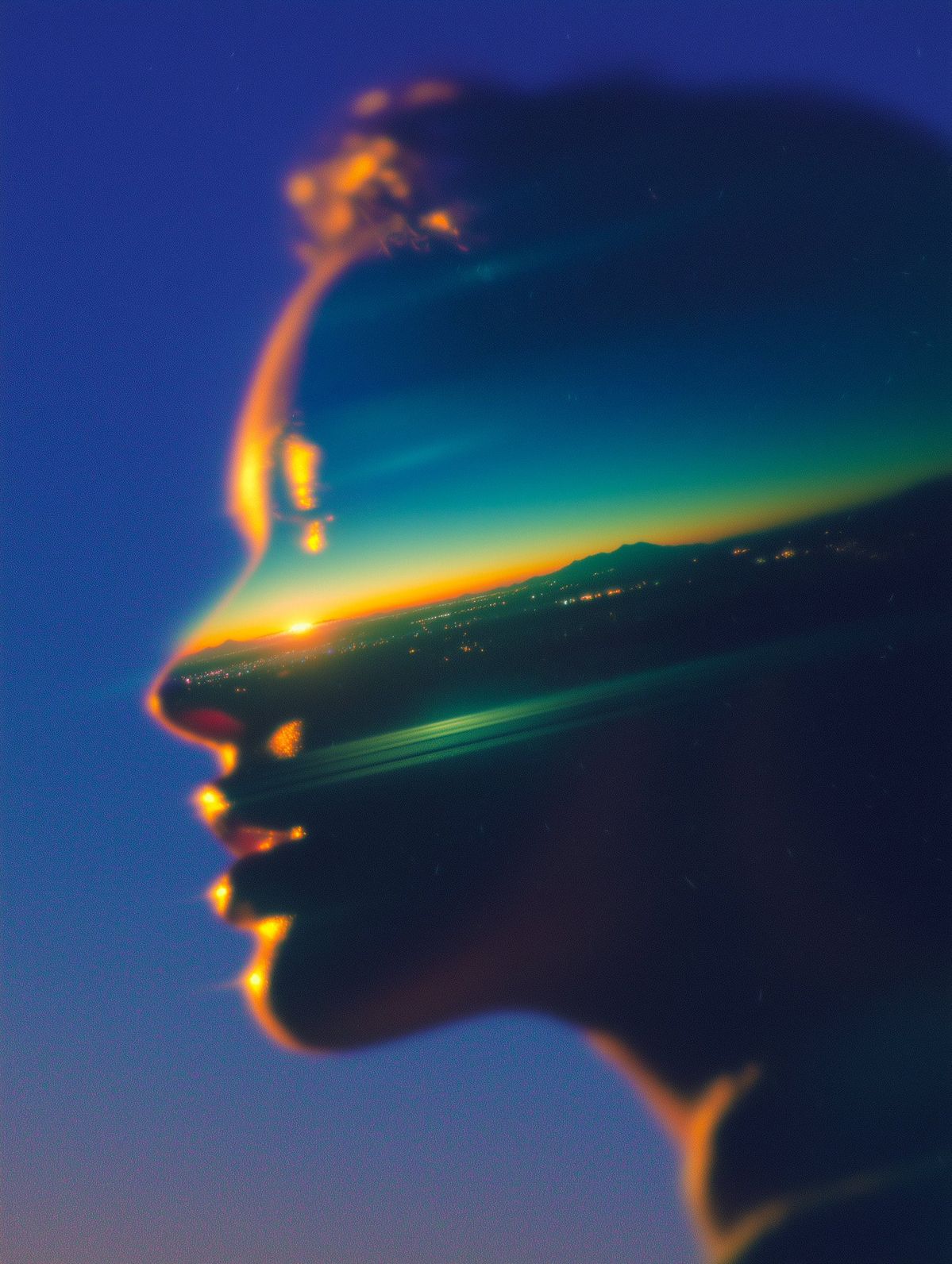 Double-exposure portrait of a profile blended with a city skyline at dusk