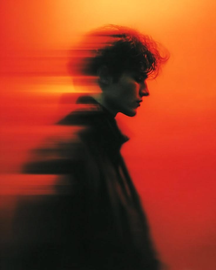Motion-blurred side-profile portrait against a deep orange backdrop