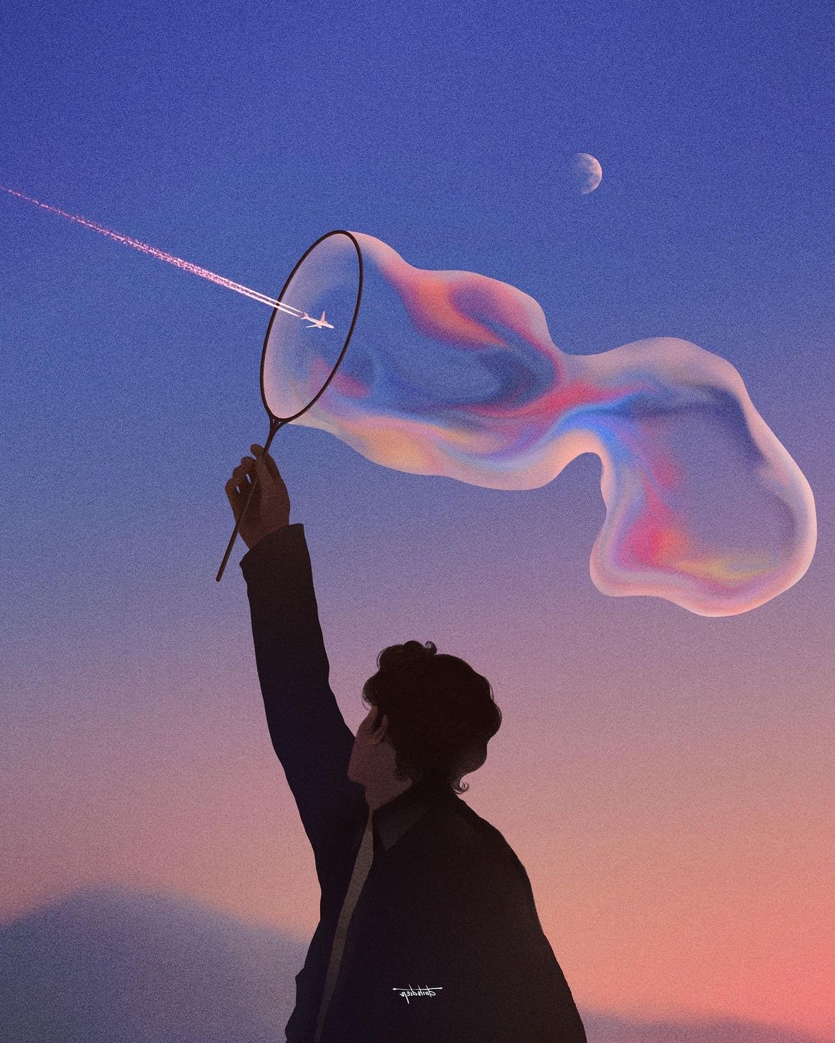 Illustration of a figure holding a racket that dissolves into a swirling colorful cloud at dusk